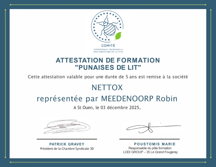 Certificat punaises de lit prosane Nettox