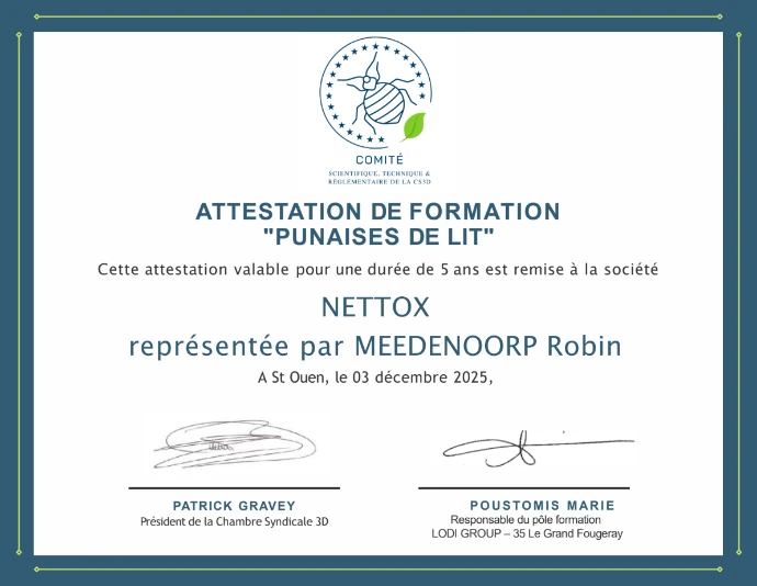 Agrément formation punaises de lit CS3D Attestation de formation de Robin Meedendorp pour Nettox Punaises de lit