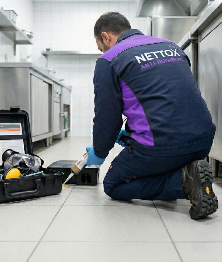 Technicien Nettox de dos Technicien nettox entrain d'installer du produits pour cafards